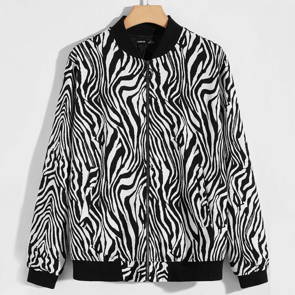 

Men Zebra Striped Print O-ring Zip Up Bomber Jacket, Black and white