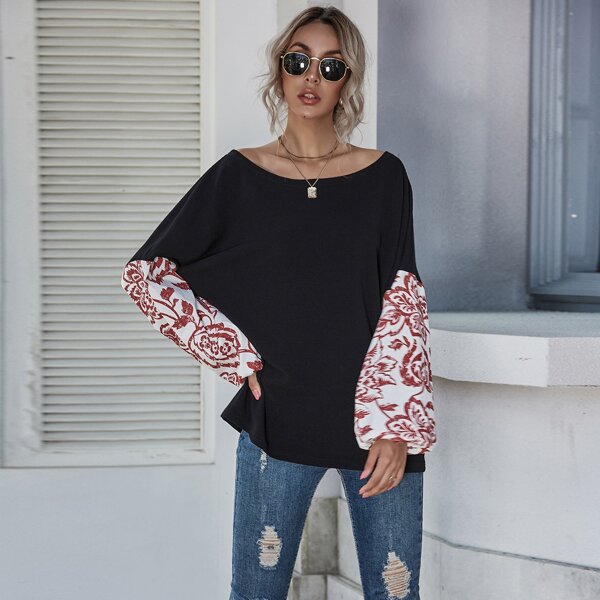 

Contrast Floral Oversized Tee, Black
