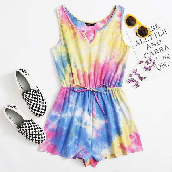 

Tie Dye Tie Waist Tank Romper, Multicolor