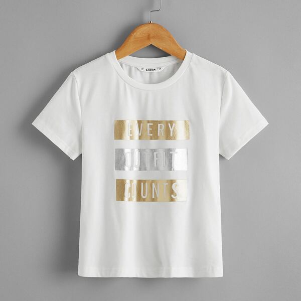 

Girls Metallic Letter Pattern Tee, White