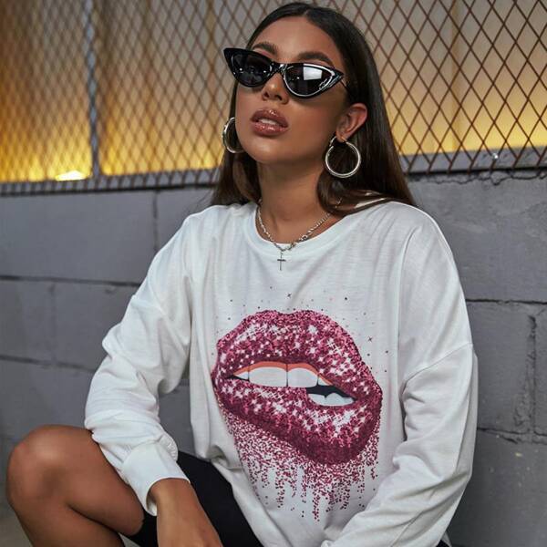 

Glitter Bite Lip Graphic Oversized Sweatshirt, White