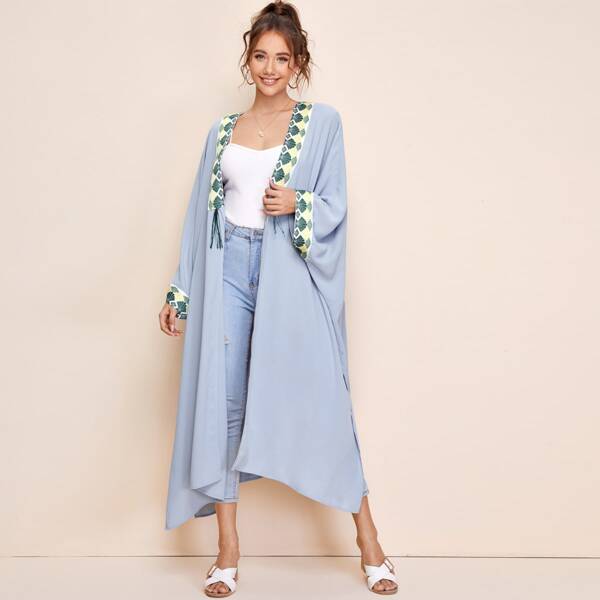 

Batwing Sleeve Embroidery Tape Detail Abaya, Dusty blue