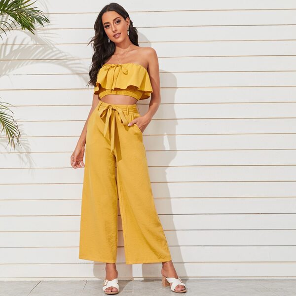 

Knot Front Foldover Shirred Tube Top & Self Belted Palazzo Pants Set, Yellow