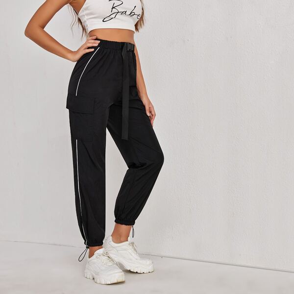 

Push Buckle Waist Flap Pocket Contrast Piping Joggers, Black