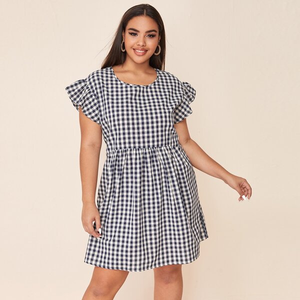 

Plus Gingham Ruffle Trim Smock Dress, Black and white