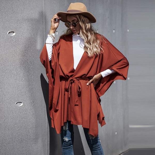 

Batwing Sleeve Asymmetrical Hem Belted Coat, Rust brown