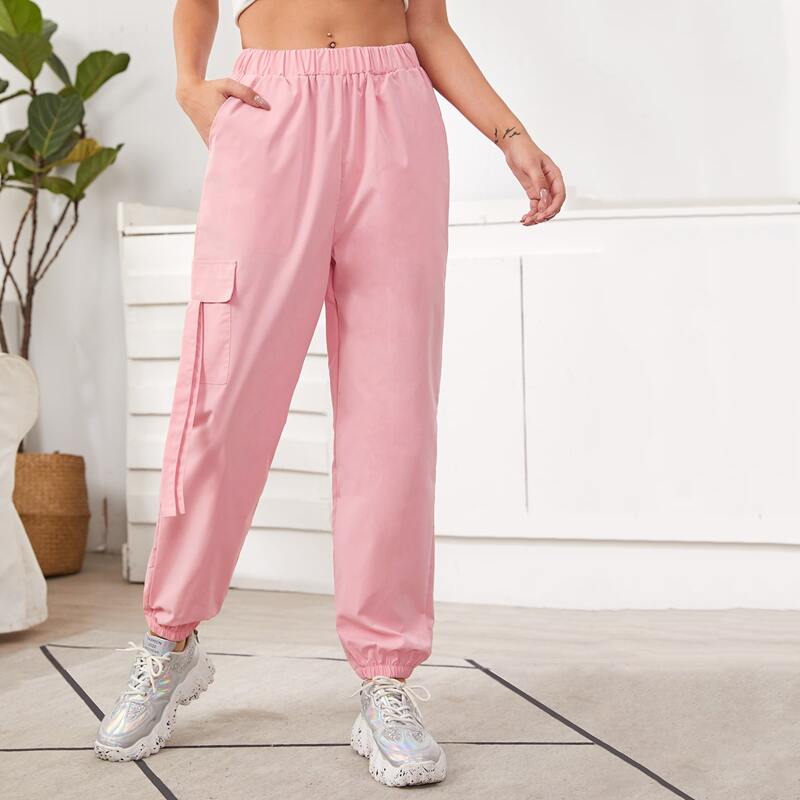 

Side Flap Pocket Solid Cargo Pants, Baby pink