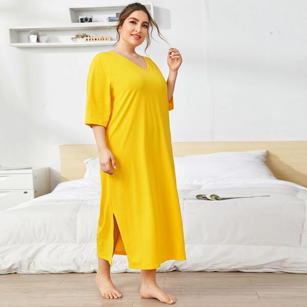 

Plus Solid Slit Hem Nightdress, Yellow