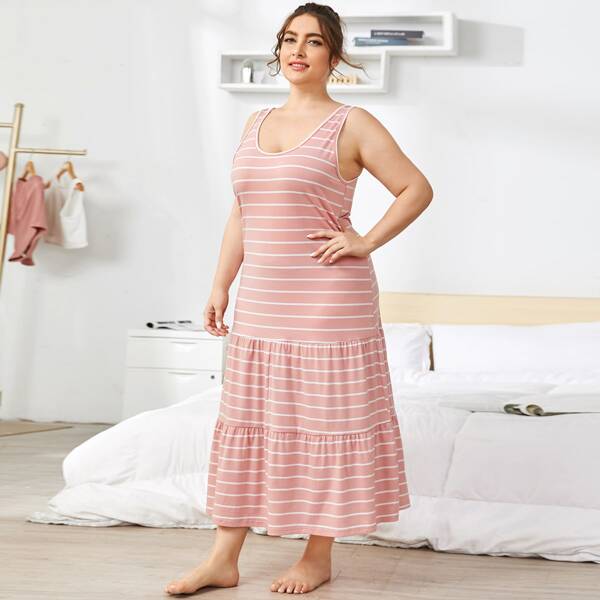 

Plus Striped Flounce Hem Night Dress, Dusty pink