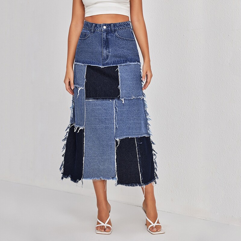 

Raw Hem Colorblock Spliced Denim Skirt, Medium wash