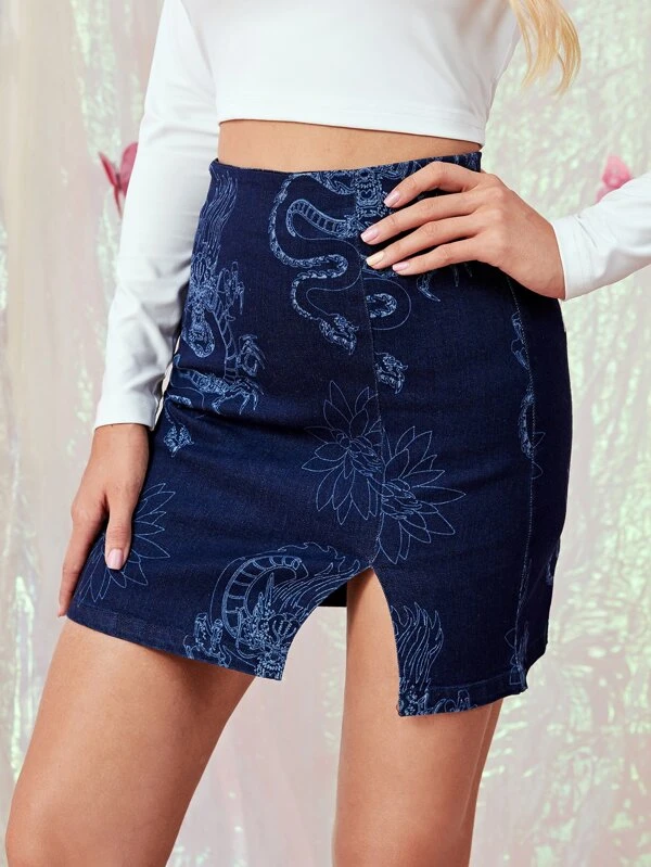 dragon print denim skirt
