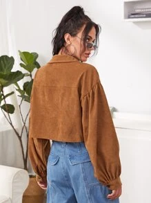 拼接格紋翻蓋口袋短版燈芯絨夾克