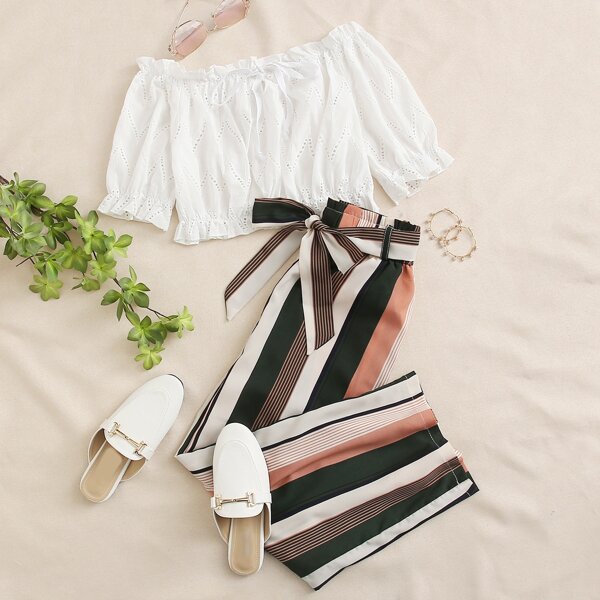

Schiffy Ruffle Trim Crop Top & Striped Belted Pants Set, Multicolor