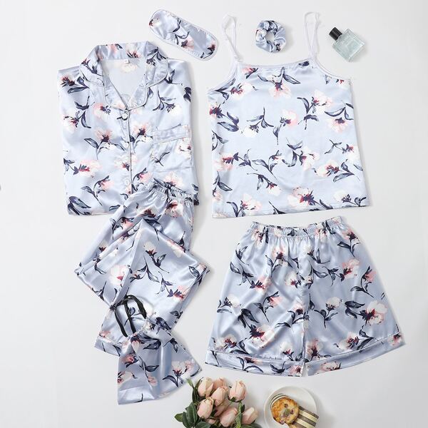 

7pcs Floral Print Satin Pajama Set, Baby blue