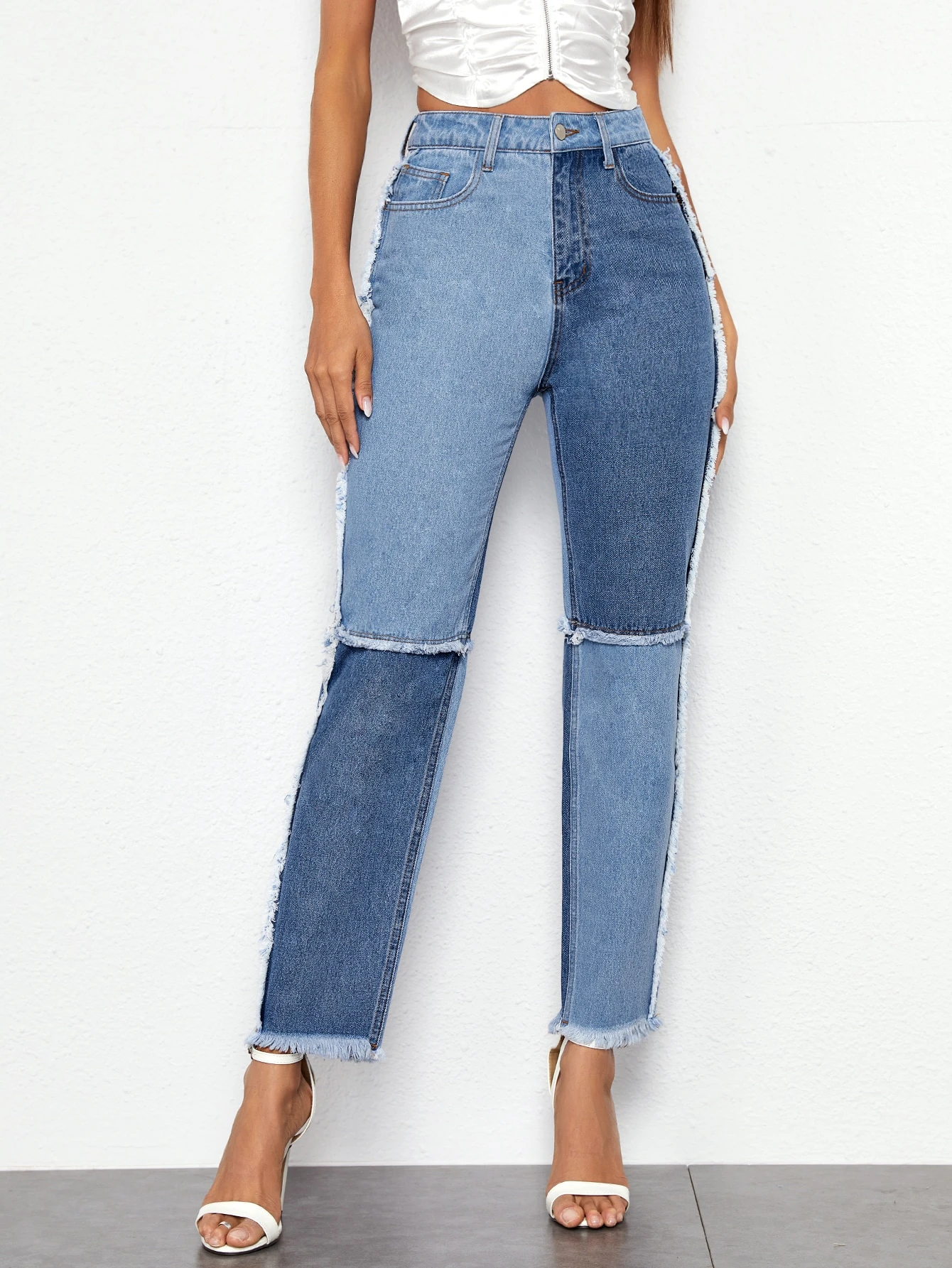 Jean taille haute effiloché en bas Clearance