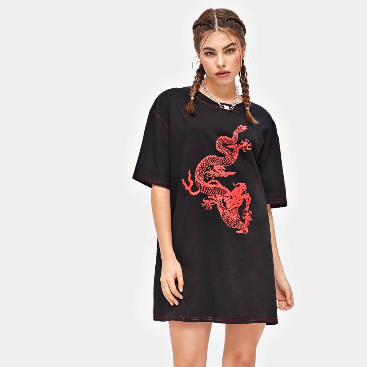 

Dragon Graphic Tee Dress, Black