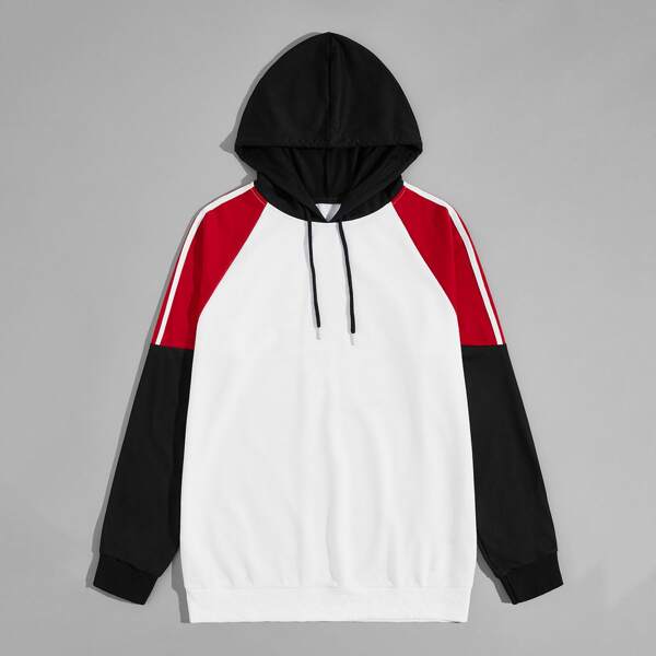 

Men Contrast Panel Drawstring Hoodie, White