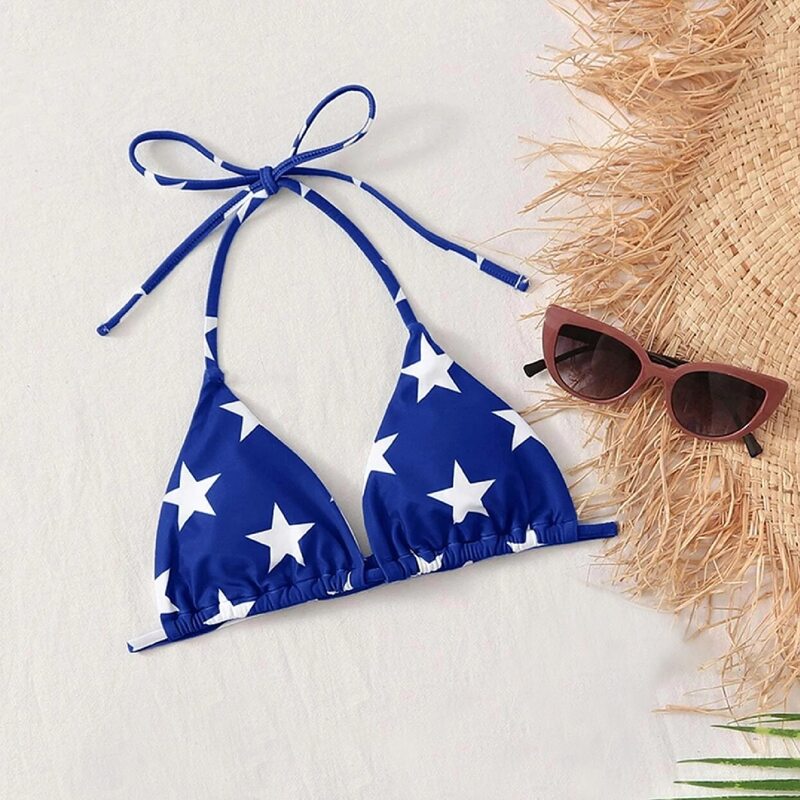 

Star Print Triangle Bikini Top, Blue and white