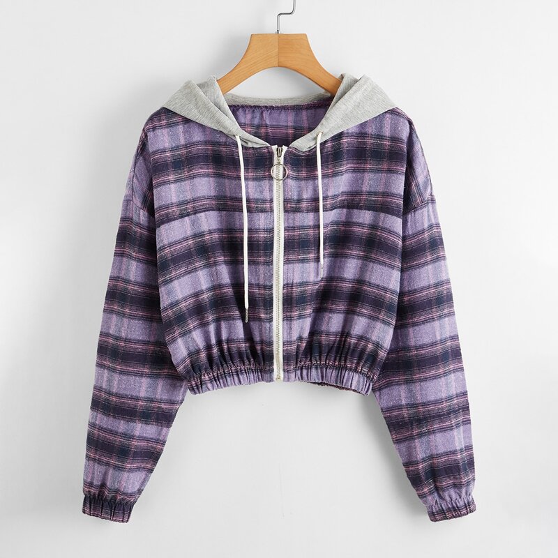 

Tartan Zip Up Drawstring Hooded Jacket, Purple