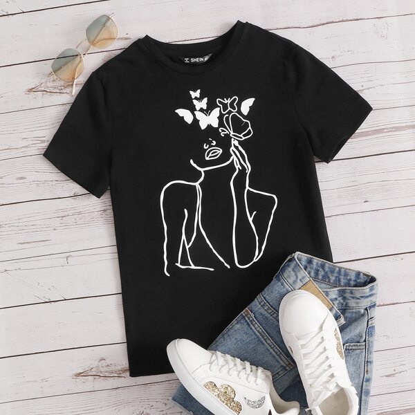 

Plus Butterfly and Figure Print Top, Black