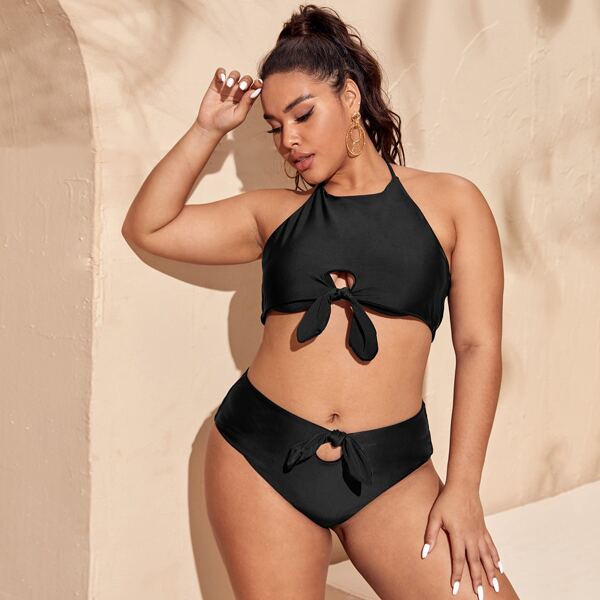 

Plus Cut-out Knot Front Bikini Swimsuit, Black