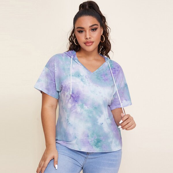 

Plus Tie Dye Drawstring Hooded Tee, Multicolor