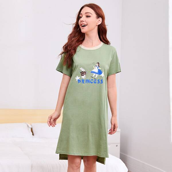 

Letter & Cartoon Graphic Nightdress, Mint green