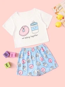 Tween Girl Cartoon & Slogan Graphic Pajama Set - Multicolor - View 1