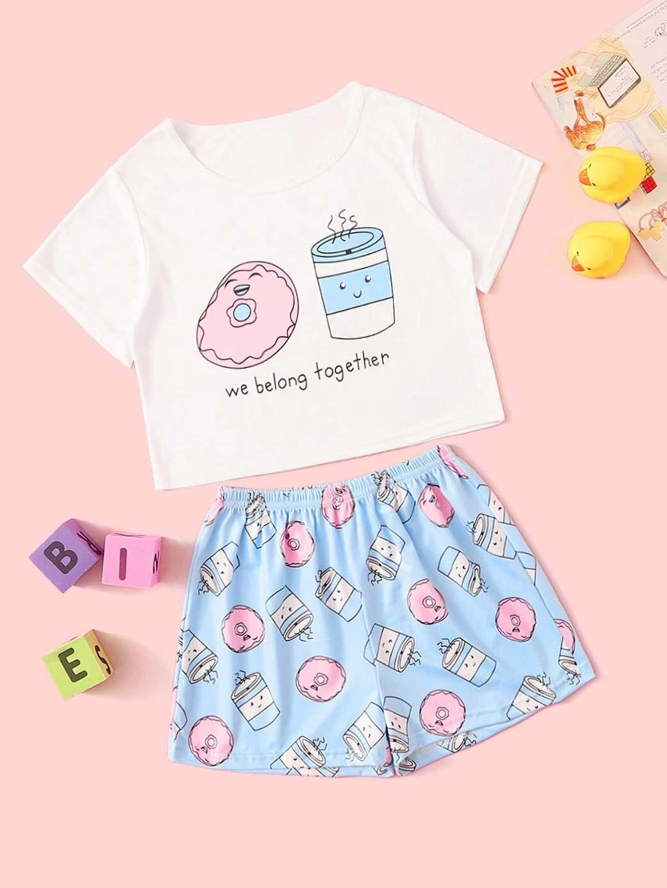 Tween Girl Cartoon & Slogan Graphic Pajama Set - Multicolor - View 1