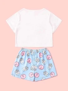 Tween Girl Cartoon & Slogan Graphic Pajama Set - Multicolor - View 2