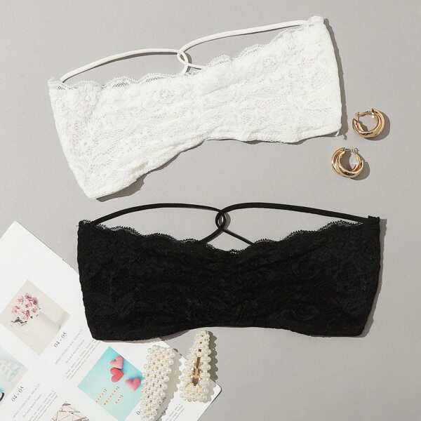 

2pack Floral Lace Strapless Bra Set, Black and white