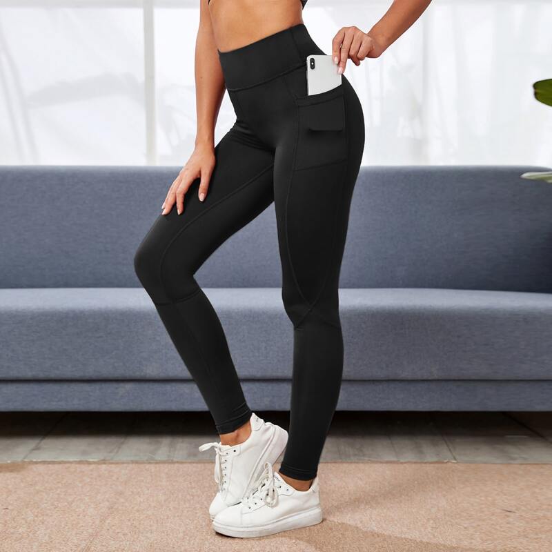 

High Waist Sports Leggings With Phone Pocket, Black