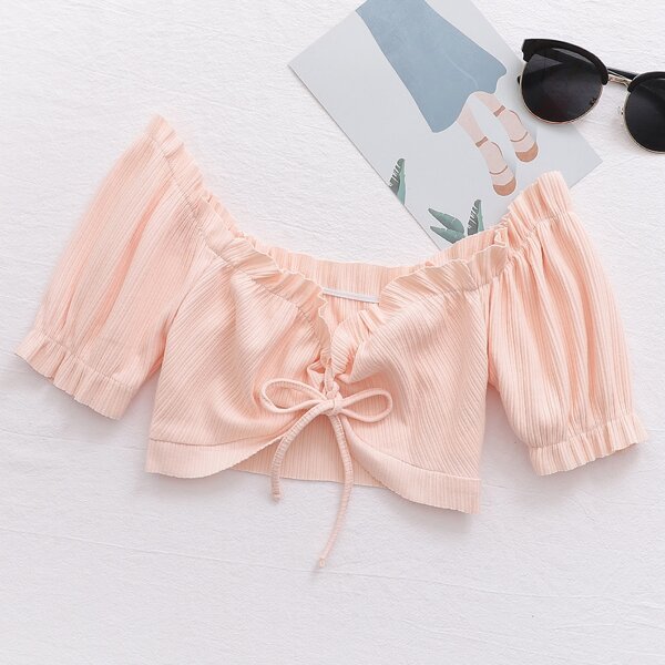 

Knot Front Frill Trim Crop Bardot Top, Pastel coral pink