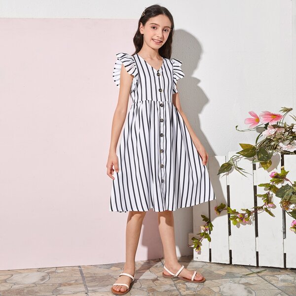 

Girls Single Breasted Ruffle Trim Striped Dress, White