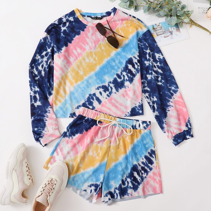 

Tie Dye Pullover and Drawstring Waist Track Shorts Set, Multicolor