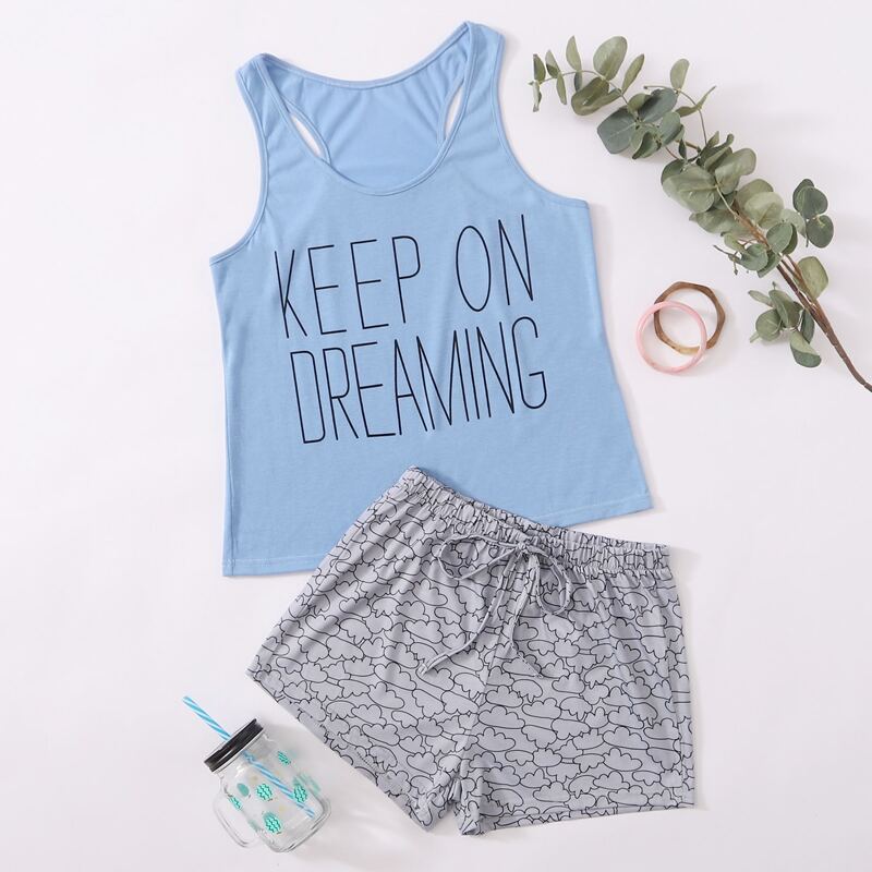 

Slogan Tank Top & Graphic Shorts PJ Set, Multicolor