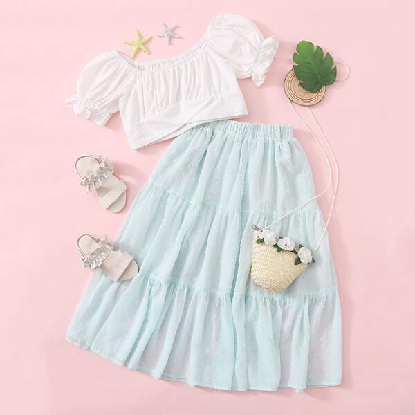 

Girls Ruffle Cuff Overlap Hem Bardot Top & Swiss Dot Tiered Skirt Set, Multicolor
