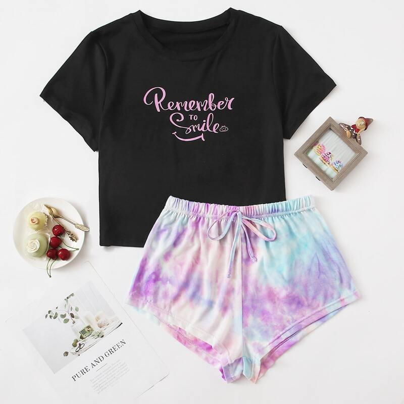 

Slogan Tee & Tie Dye Shorts PJ Set, Multicolor