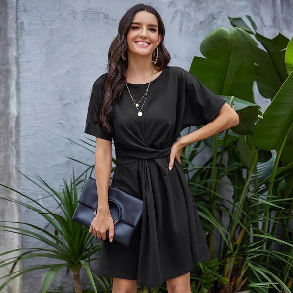 

Batwing Sleeve Twist Front A-line Dress, Black