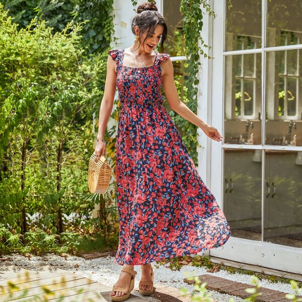 

Allover Floral Print Shirred Ruffle Trim Dress, Multicolor