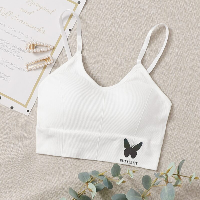 Butterfly Print Ribbed Bralette, White