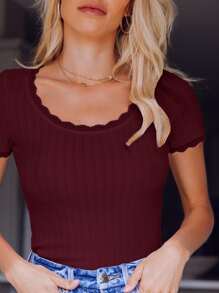 SHEIN Top unicolore moulant avec dentelle - Bordeaux - Voir 5