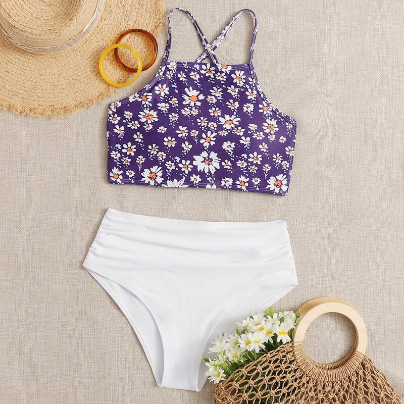 

Floral Lace-up High Waist Bikini Swimsuit, Multicolor