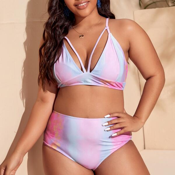

Plus Tie Dye Harness Bikini Swimsuit, Multicolor