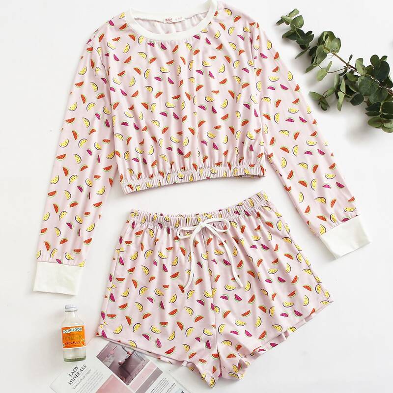 

Fruit Print Elastic Waist PJ Set, Multicolor