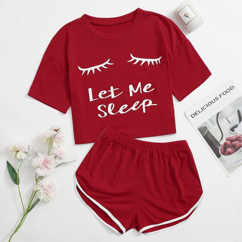 

Slogan Print Tee & Dolphin Shorts PJ Set, Red