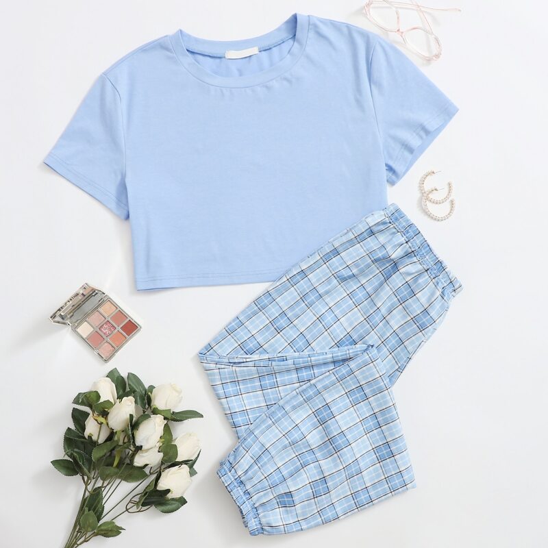 

Plaid Pants PJ Set, Pastel baby blue