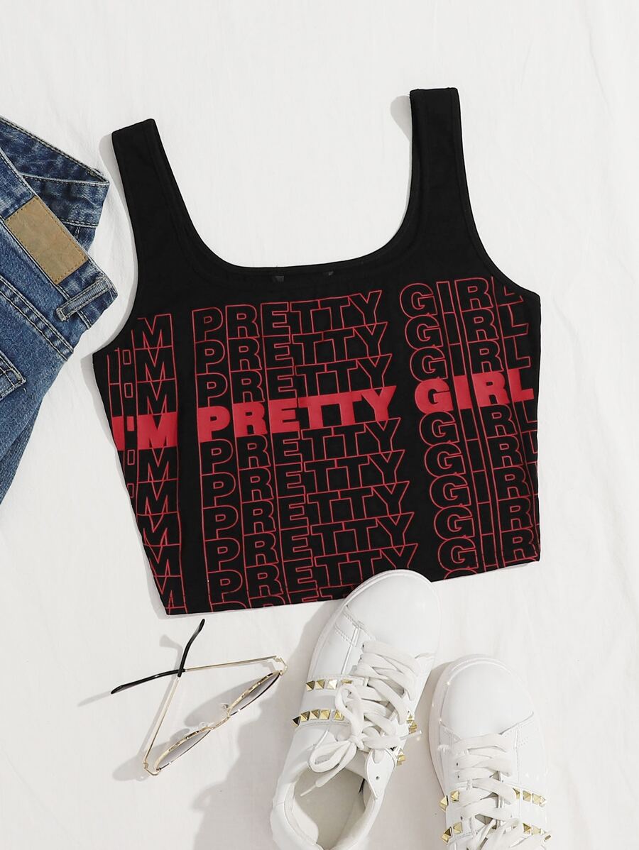 SHEIN Letter Graphic Crop Tank Top - Black - View 1