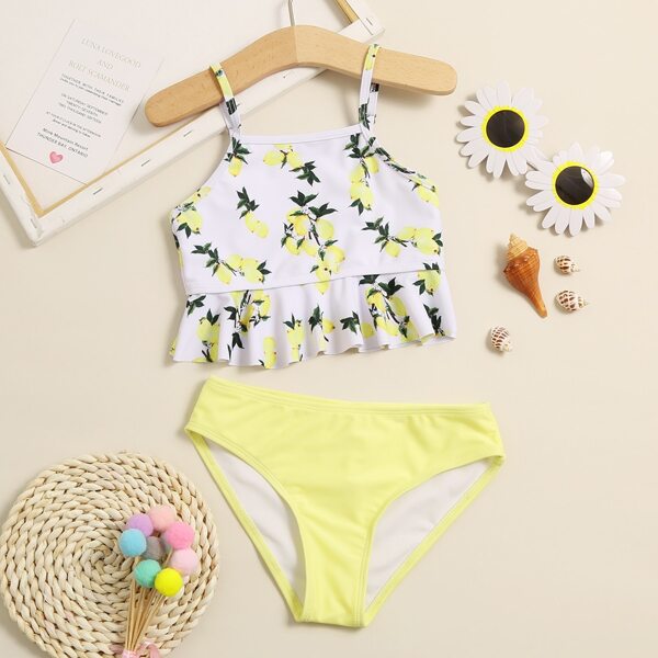 

Girls Lemon Print Ruffle Hem Bikini Swimsuit, Yellow