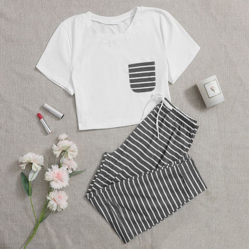 

Pocket Tee & Stripe Pants PJ Set, Multicolor